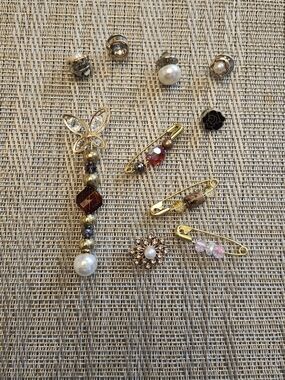 Gold-tone Pearl and Crystal Drop Pins  - Gold, Pearl, Burgundy